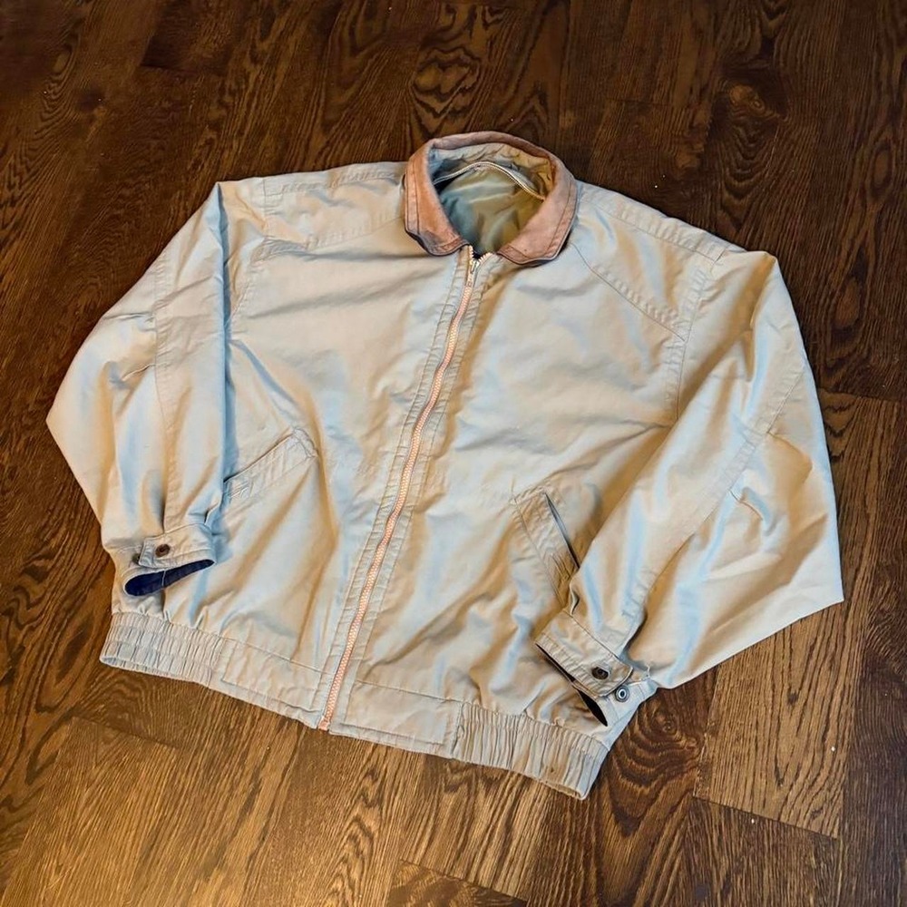 Vintage 90s Tan Harrington Nylon Bomber Leather Collar Polo Style Preppy Jacket